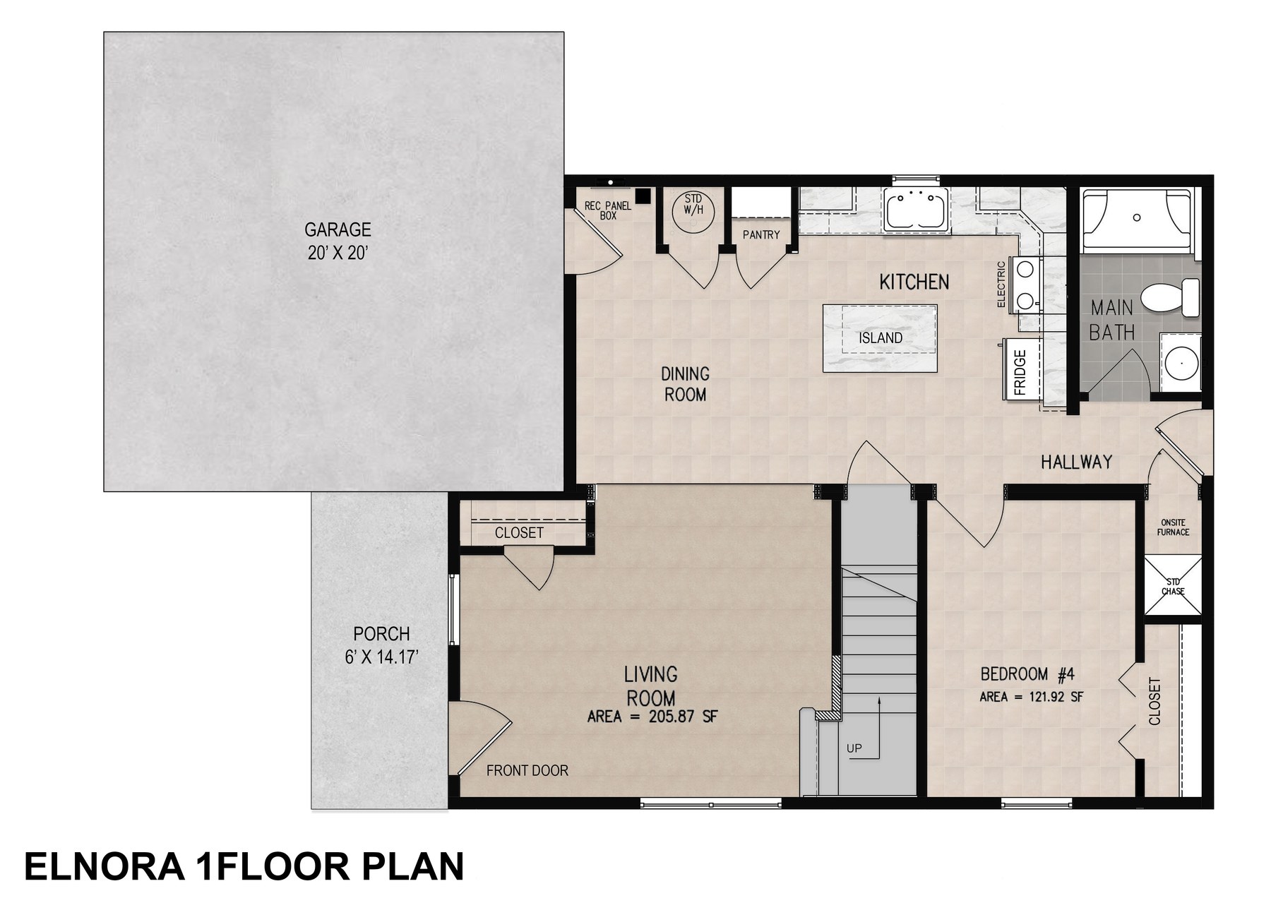 The Elnora first floor plan — living room, dining room, kitchen, bedroom 4, main bath, and 2-car garage