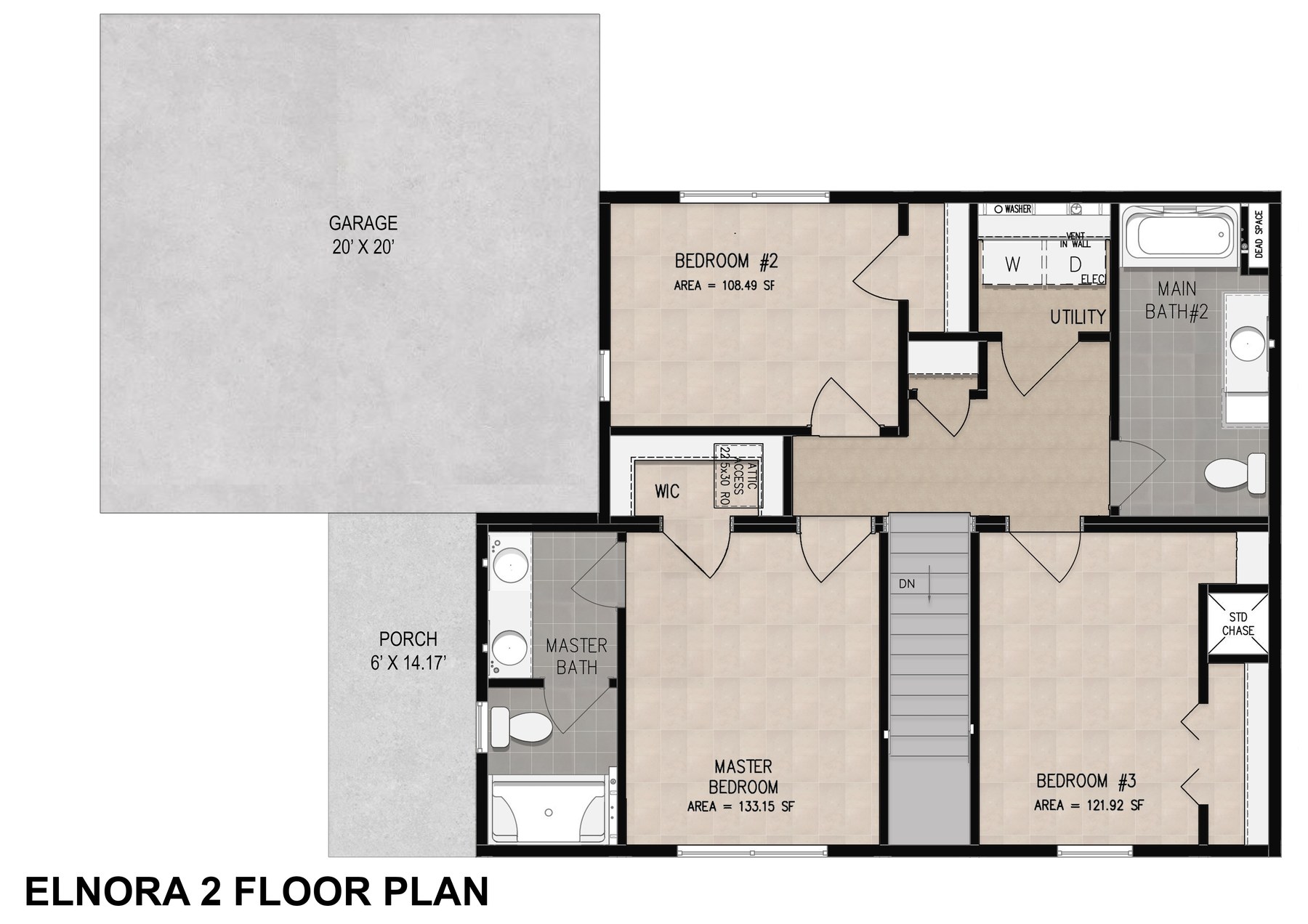 The Elnora second floor plan — master bedroom, bedroom 2, bedroom 3, main bath 2, and utility room