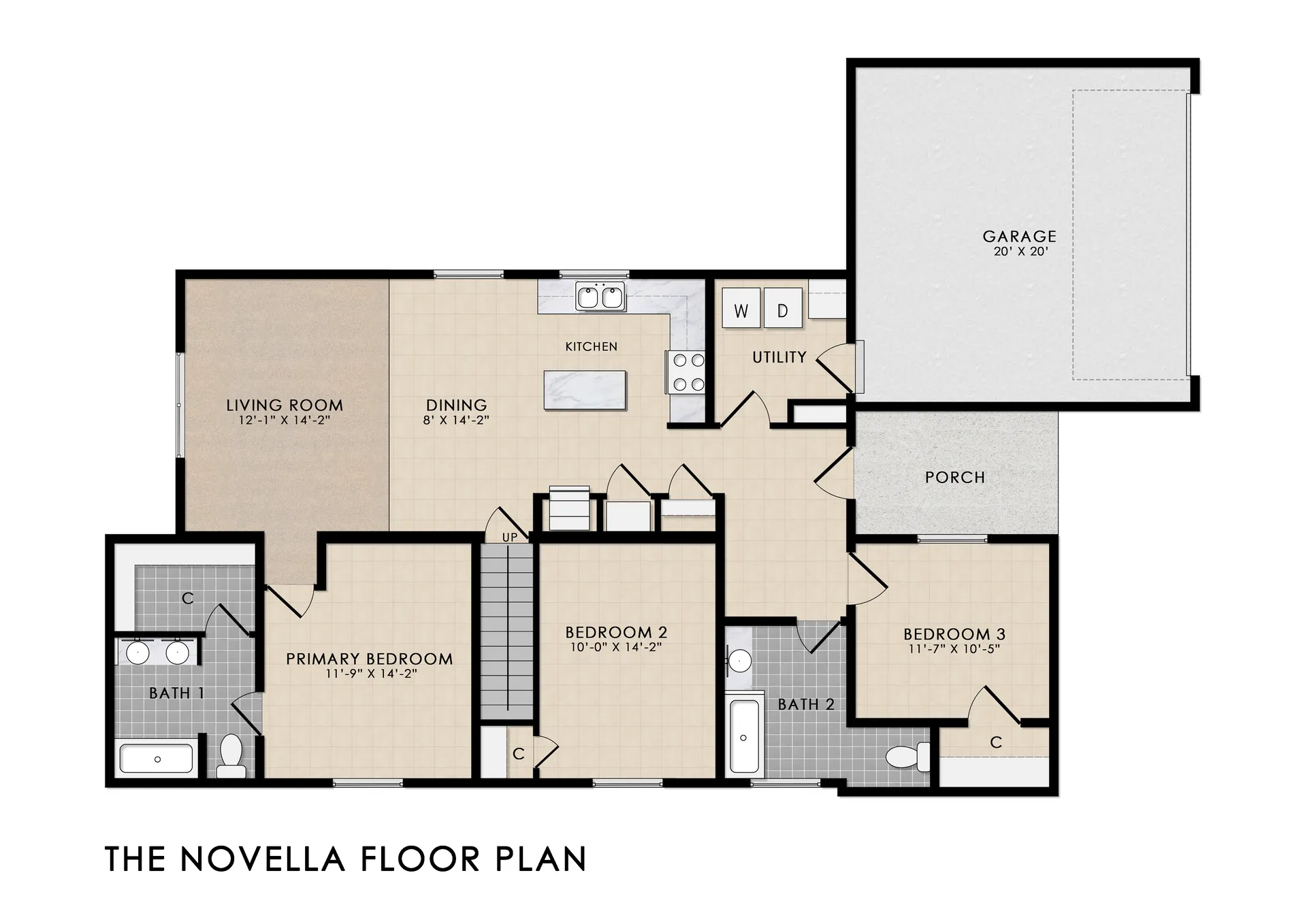 The Novella floor plan — primary bedroom with bath, 2 additional bedrooms, open kitchen, dining and living room, utility room, porch, and 2-car garage