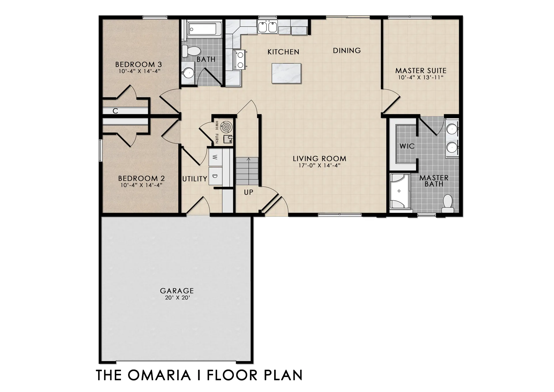 The Omaria I floor plan — 3 bedrooms, 2 baths, open kitchen, dining and living room, 2-car garage