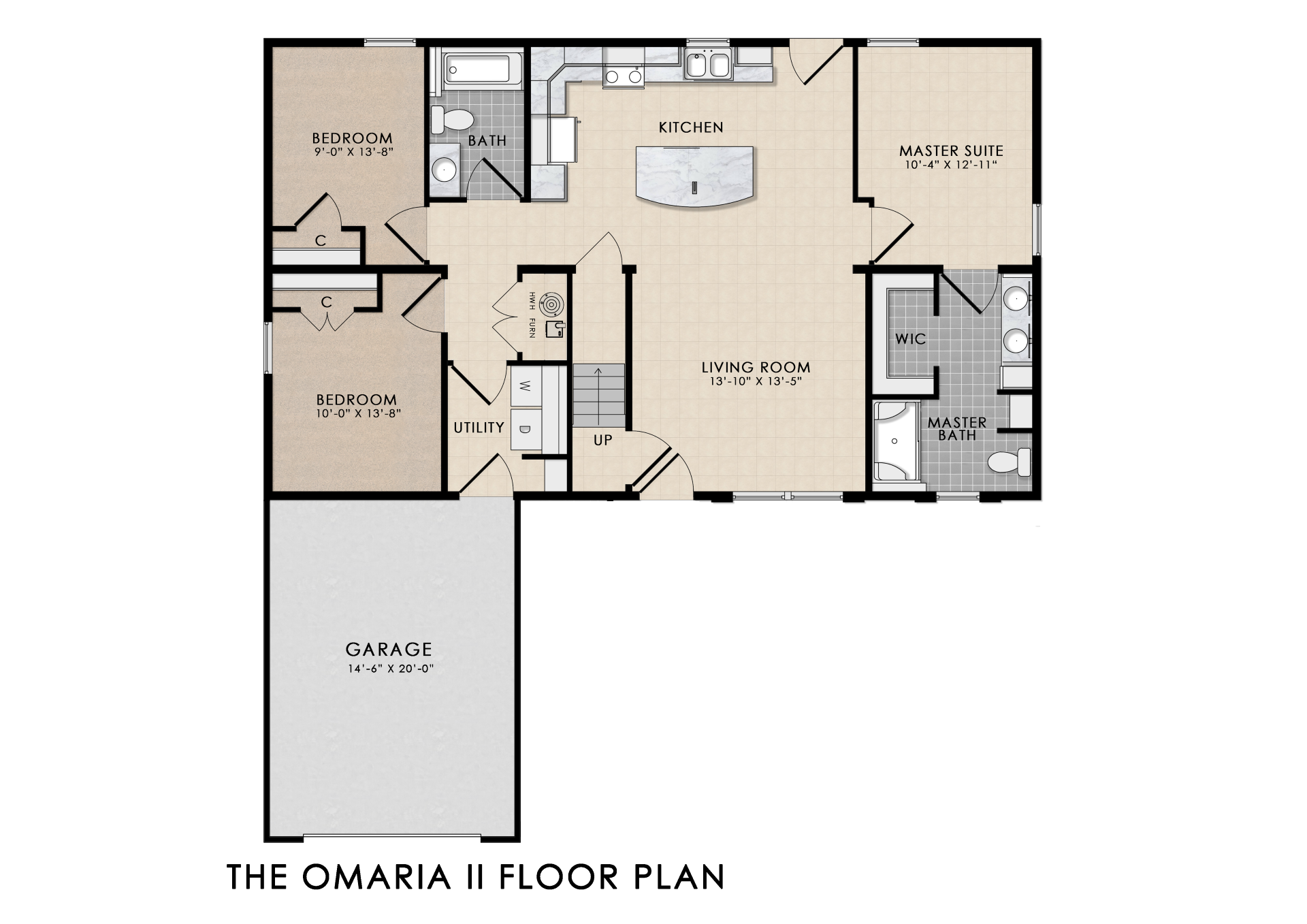 The Omaria II floor plan — 3 bedrooms, 2 baths, open kitchen, dining and living room, garage