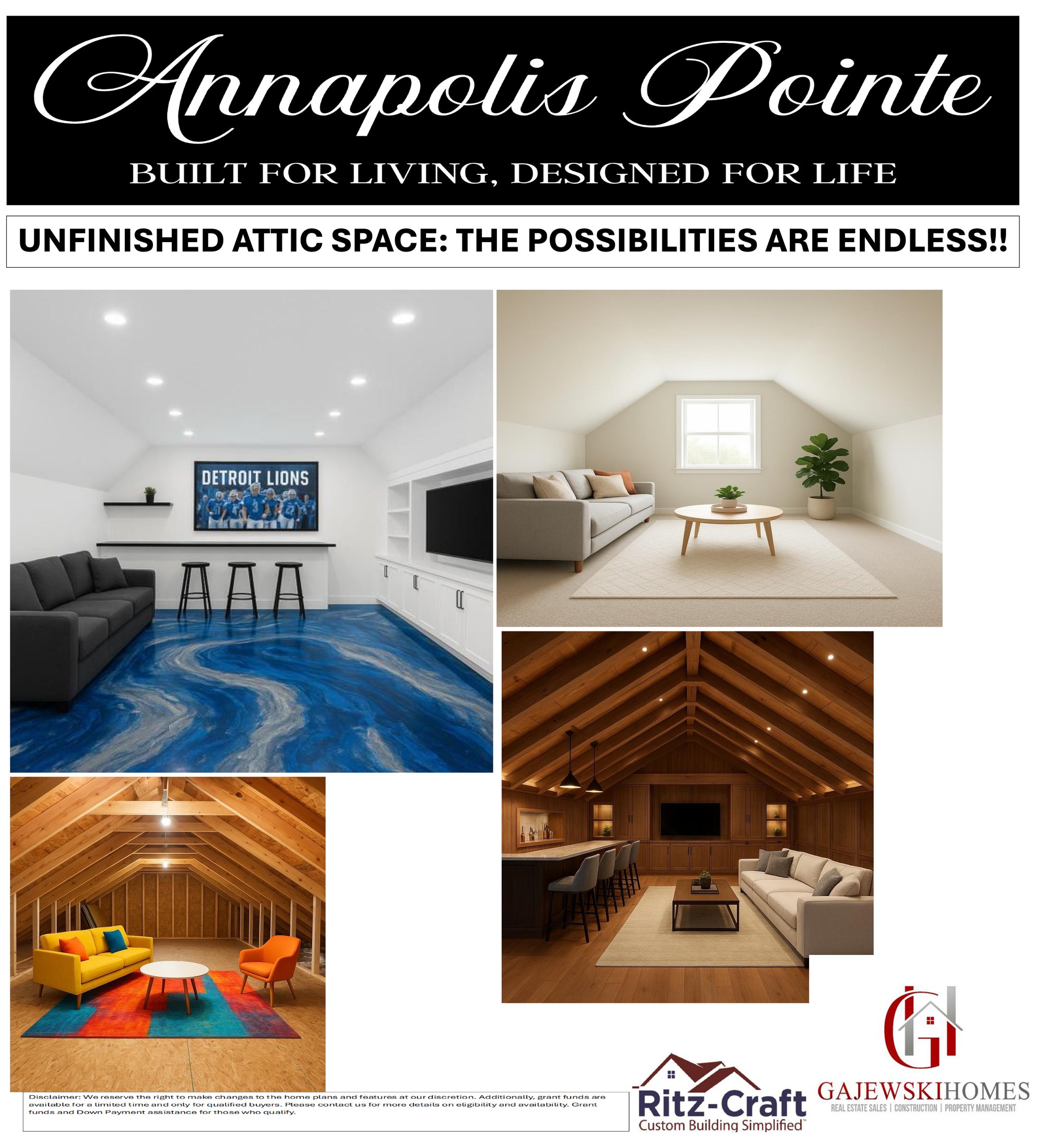 Unfinished attic space inspiration board — media room, sitting room, bar lounge, and colorful den