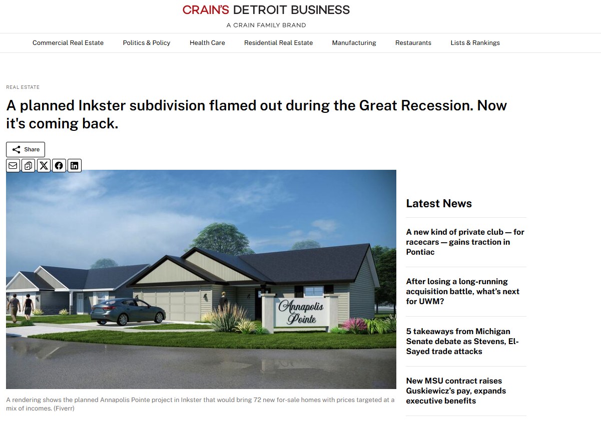 Crain's Detroit Business article — A planned Inkster subdivision flamed out during the Great Recession. Now it's coming back.