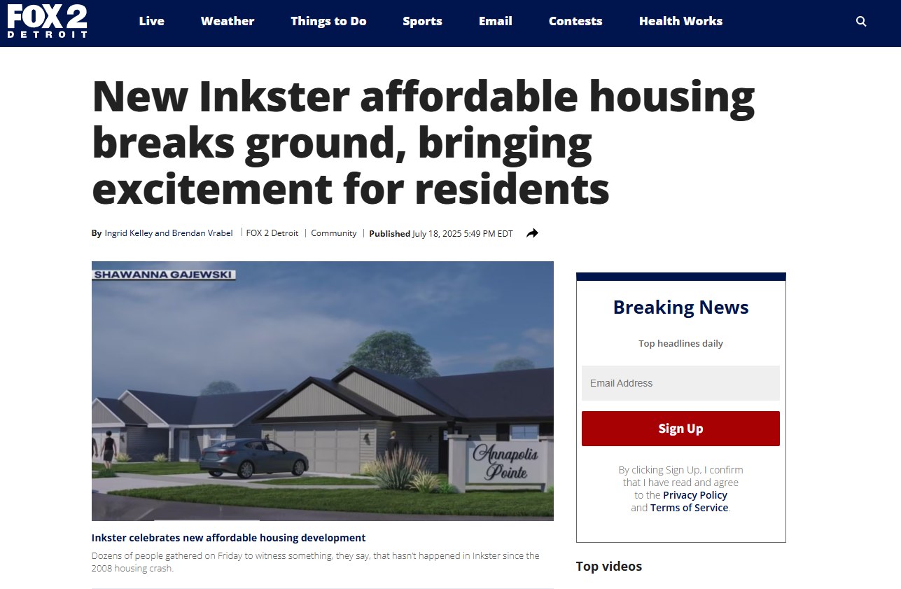 Fox 2 Detroit article — New Inkster affordable housing breaks ground