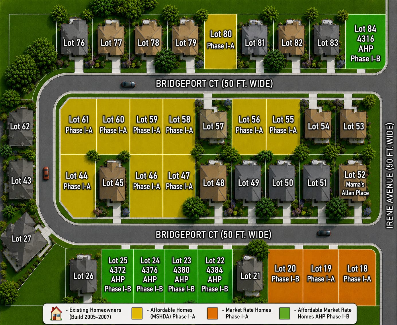 Annapolis Pointe Phase 1 site plan — Bridgeport Court, showing lot numbers, existing homeowners, affordable homes (MSHDA Phase I-A), market rate homes (Phase I-A), and affordable market rate AHP Phase I-B homes