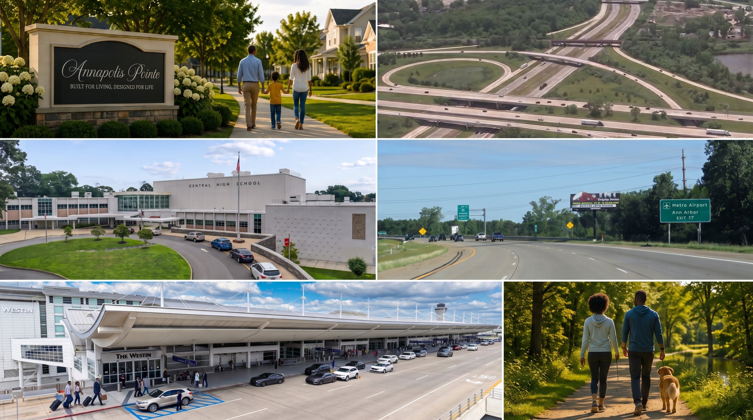 Collage of the Annapolis Pointe entrance sign, nearby highways, schools, and Detroit Metro Airport