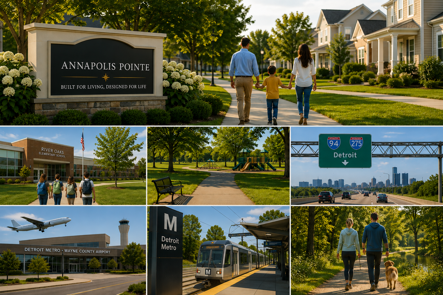 Annapolis Pointe community, nearby schools, parks, and Metro Detroit access