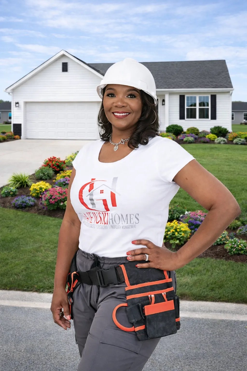 ShaWanna Gajewski, CEO of Gajewski Homes, in front of an Annapolis Pointe home