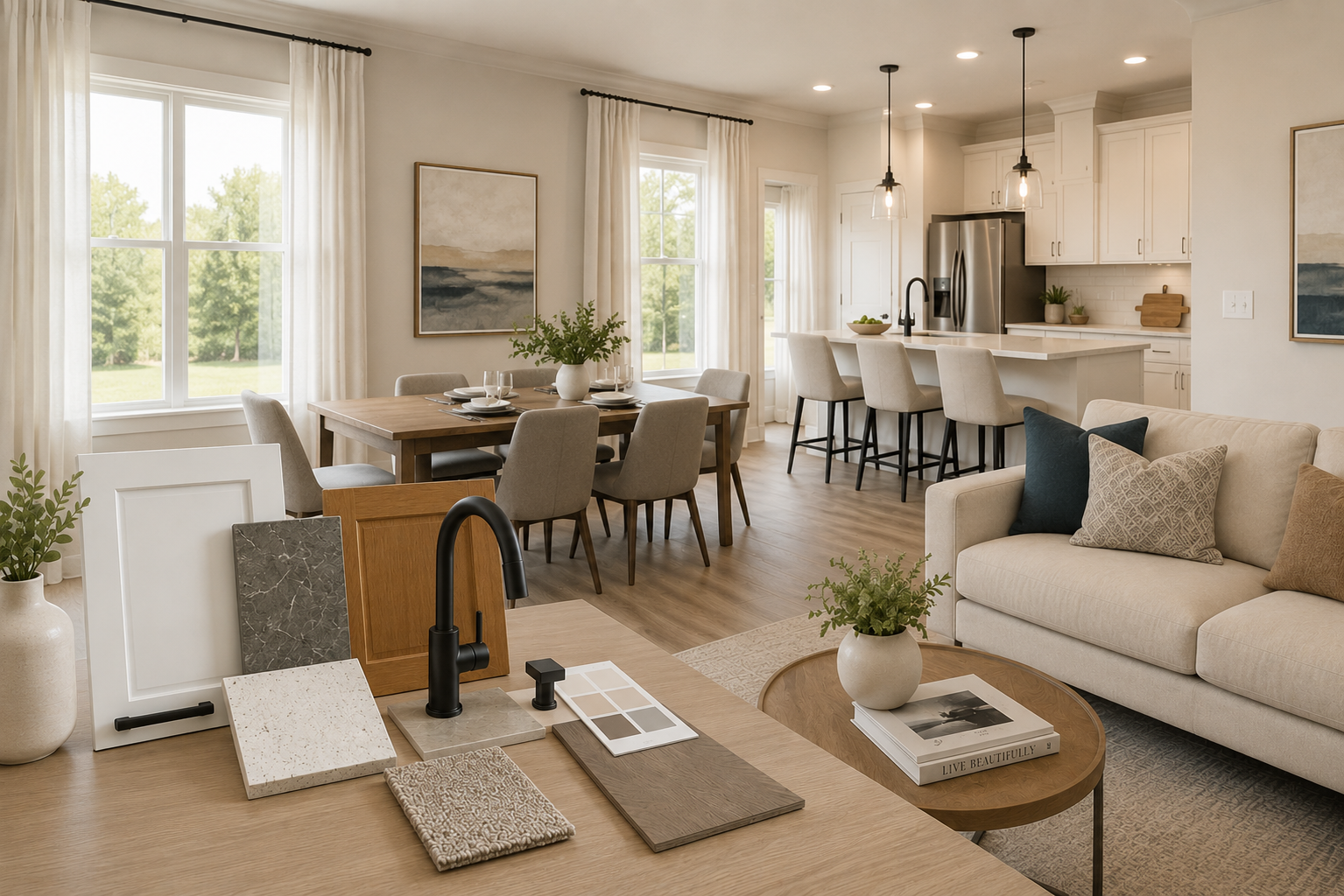 Living room and kitchen with finish and material samples for personalizing a home